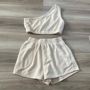 Le Lis Collection Lounge Set Medium One Shoulder Top Shorts Beige